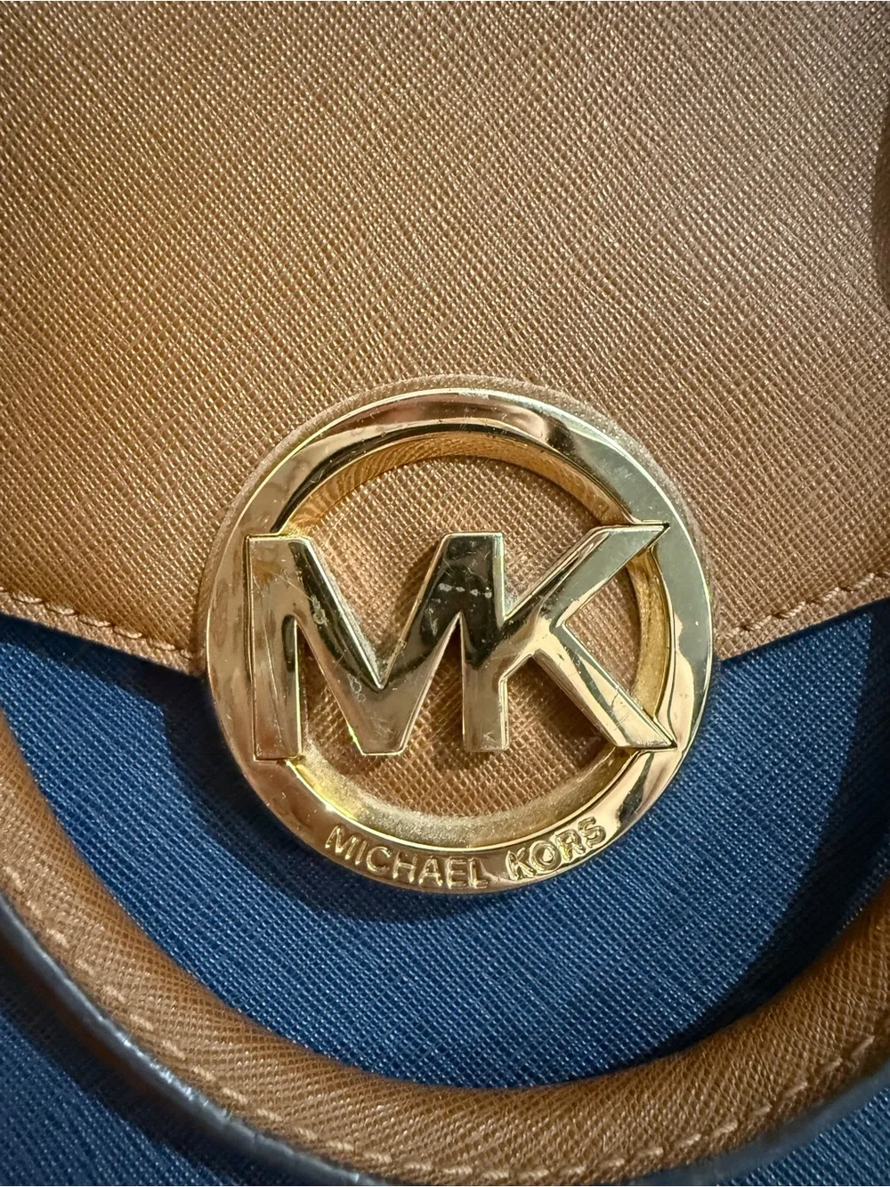 Michael Kors Brown Navy White Leather Satchel with Gold MK Accent
